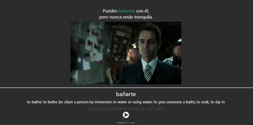 An Anki card for the Spanish word “bañarte”: the subtitle line with the word highlighted, a picture of the scene, the meaning “to bathe”, the English line and a play button for the audio.