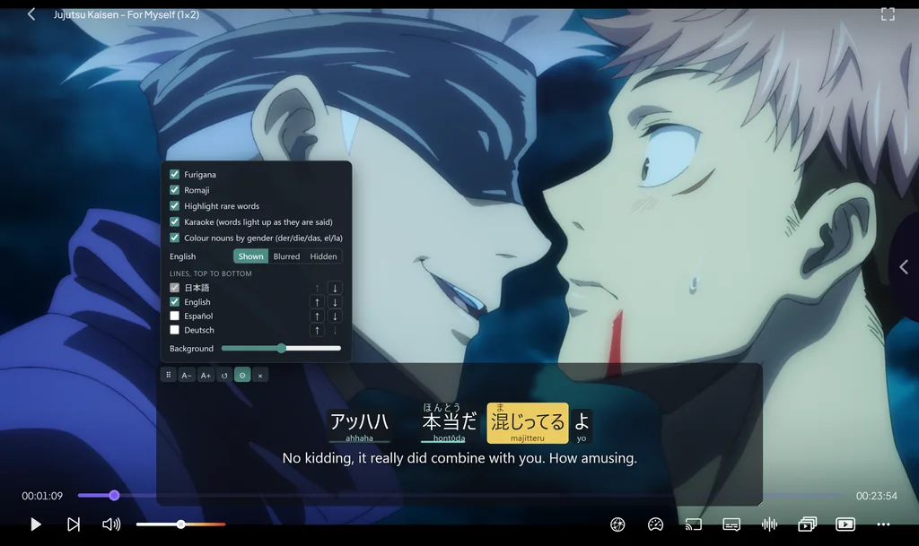 Japanese subtitles with furigana above the kanji and romaji under each word, the word being spoken highlighted, English below, and a settings panel open with options for furigana, romaji, karaoke and gender colours.