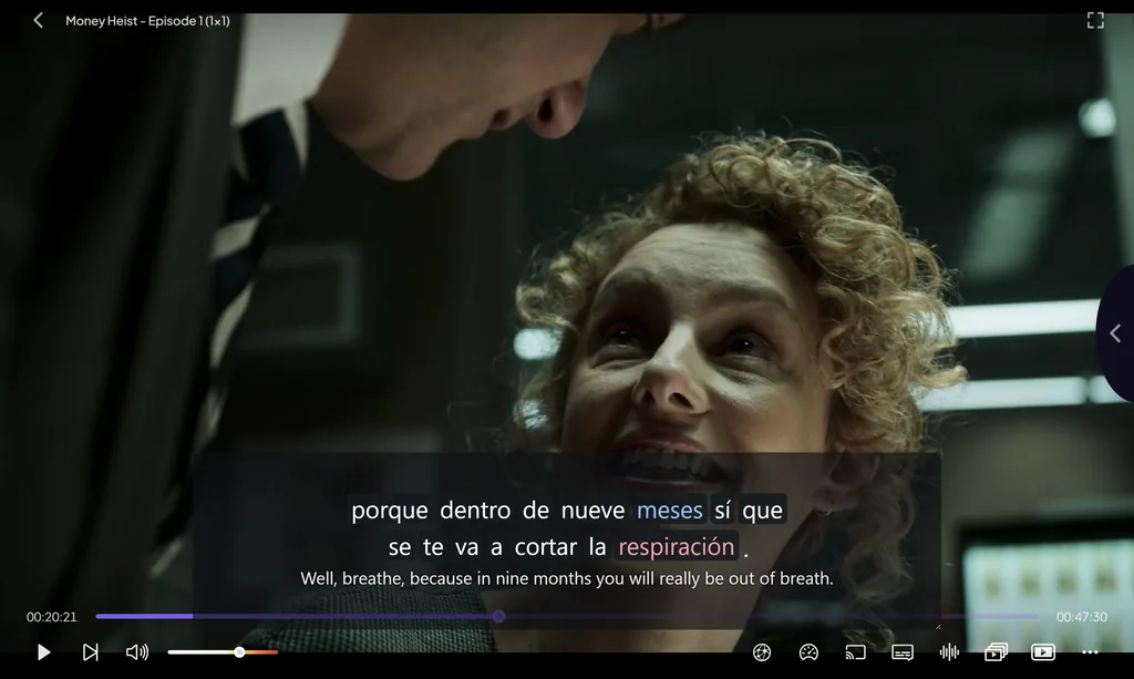 A show playing in Stremio with Spanish subtitles and the English translation underneath.